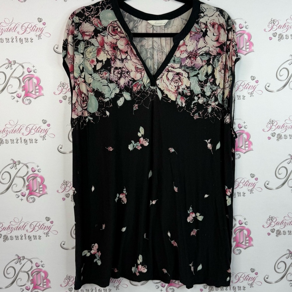 Soma tank top flowers pink peach blue Black Floral Women's Blouse Vneck